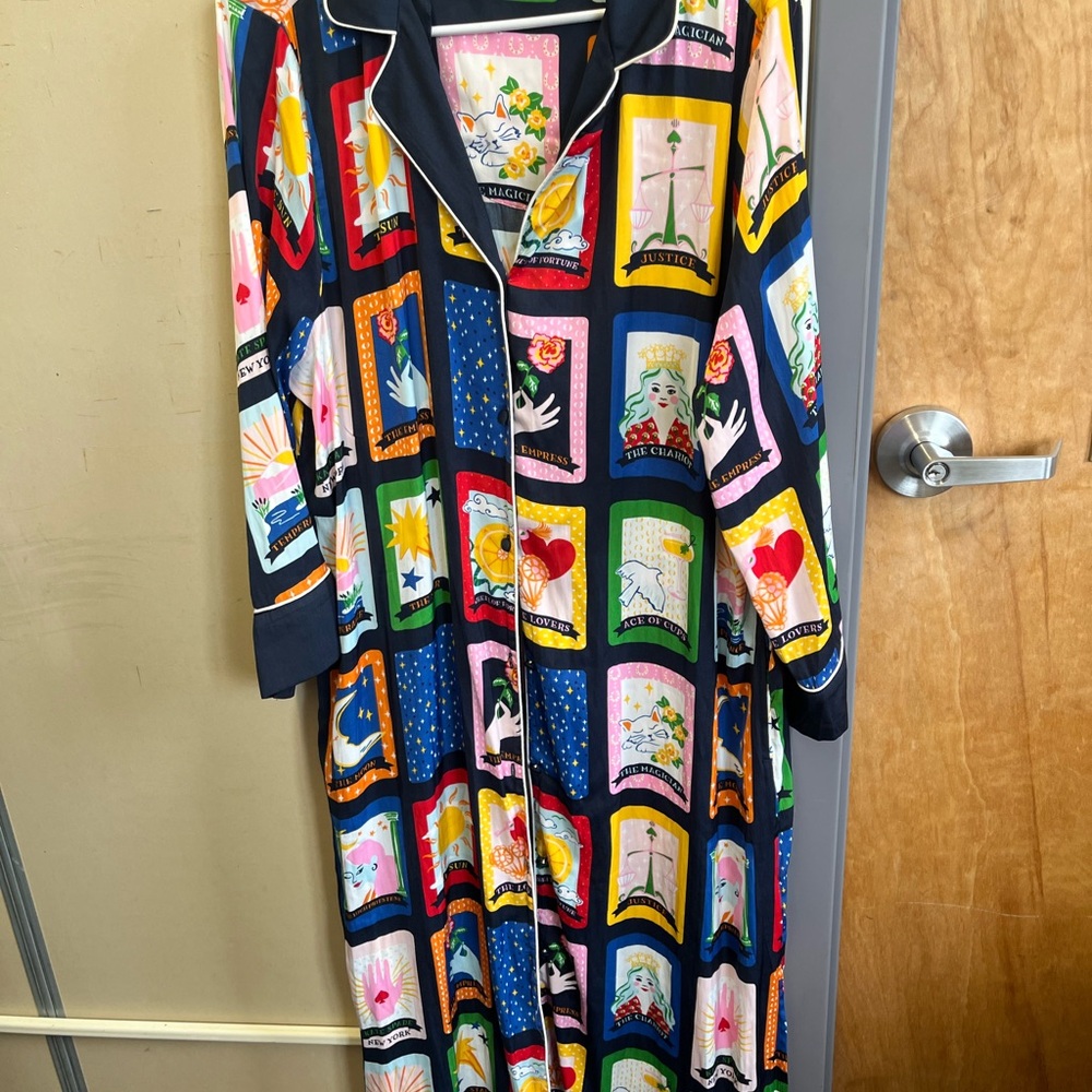 kate spade navy button-up with colorful tarot motif nightgown XL